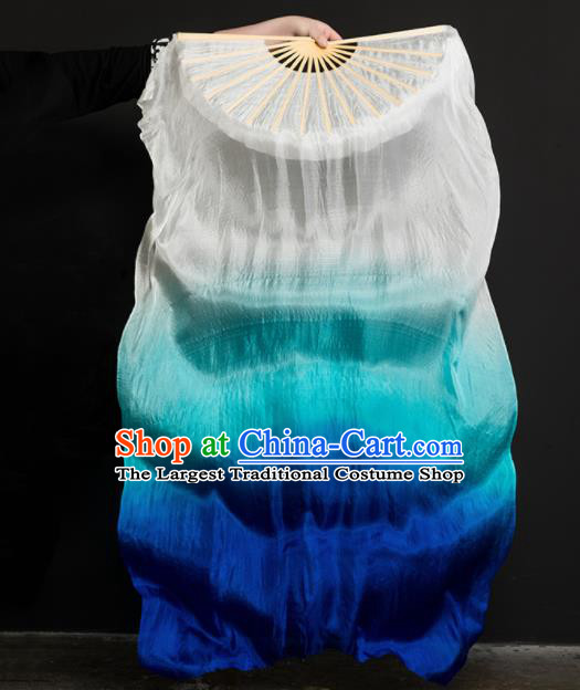 Chinese Traditional Folk Dance Props Gradient Blue Ribbon Silk Fans Folding Fans Yangko Fan