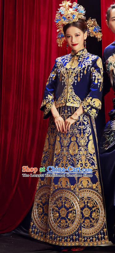Chinese Traditional Wedding Blue Xiuhe Suits Ancient Bride Embroidered Costumes for Women