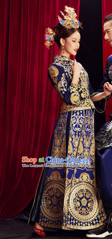 Chinese Traditional Wedding Blue Xiuhe Suits Ancient Bride Embroidered Costumes for Women