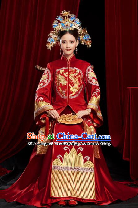 Chinese Traditional Wedding Red Xiuhe Suits Ancient Bride Toast Embroidered Costumes for Women