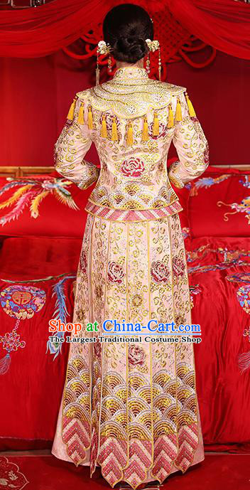 Chinese Traditional Wedding Dress Pink Xiuhe Suits Ancient Bride Handmade Embroidered Costumes for Women