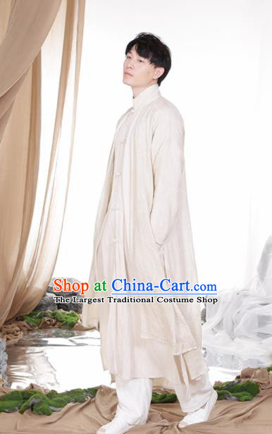 Chinese Traditional Tang Suit Costumes National White Linen Overcoat for Men
