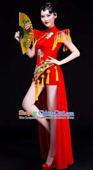 Chinese Traditional Folk Dance Drum Dance Costumes Group Dance Red Dress for Women