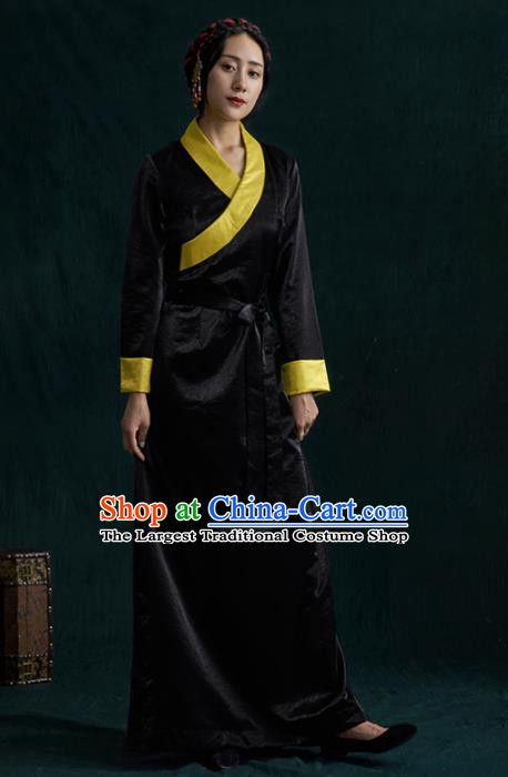 Traditional Chinese Zang Nationality Dance Costumes Black Tibetan Robe Ethnic Folk Dance Dress for Women