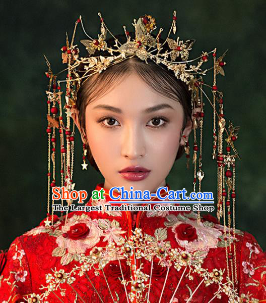 Chinese Ancient Bride Golden Butterfly Phoenix Coronet Wedding Hair Accessories Palace Hairpins Headwear for Women