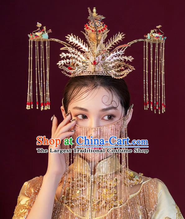 Chinese Ancient Bride Phoenix Coronet Wedding Hair Accessories Tassel Hairpins Headwear for Women