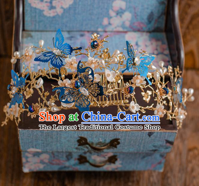 Chinese Ancient Wedding Hair Accessories Bride Blue Butterfly Phoenix Coronet Tassel Hairpins Headwear for Women