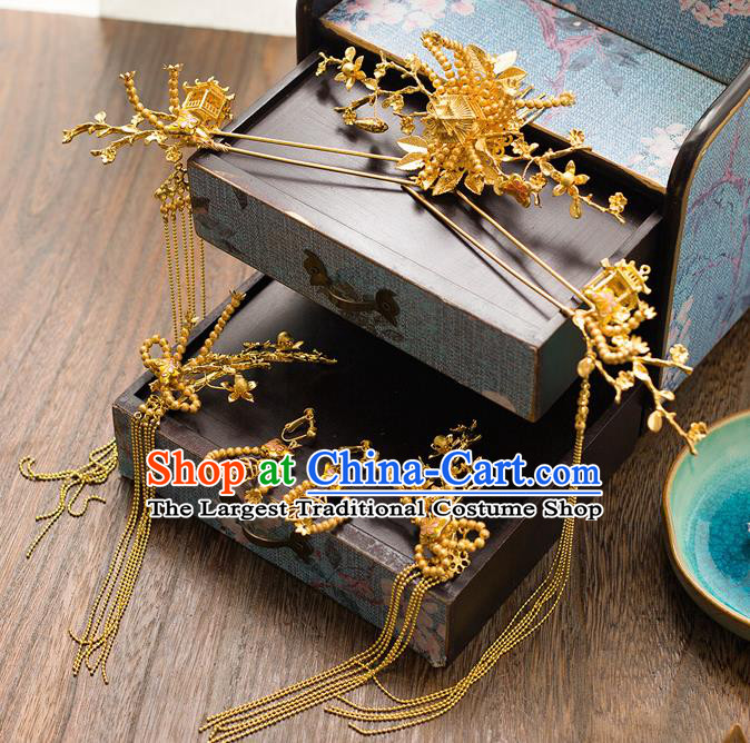 Chinese Ancient Palace Bride Golden Hair Crown Wedding Hair Accessories Tassel Hairpins Headwear for Women
