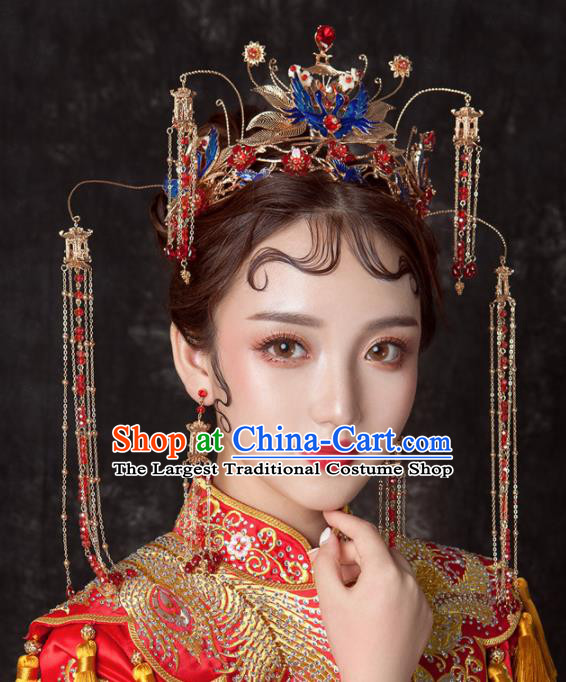 Chinese Ancient Palace Bride Hair Accessories Blueing Cranes Phoenix Coronet Hairpins Headwear for Women
