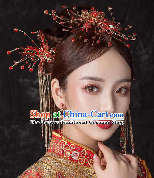 Chinese Ancient Palace Bride Hair Accessories Red Beads Hair Comb Hairpins Headwear for Women