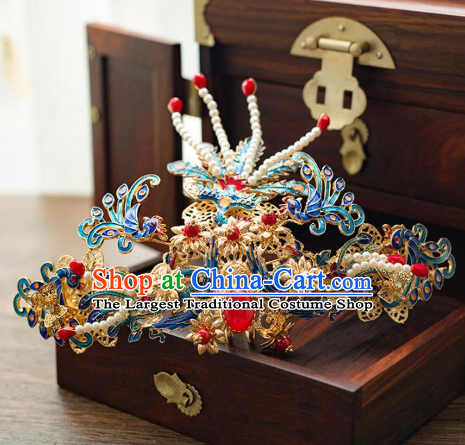 Chinese Ancient Palace Bride Hair Accessories Phoenix Coronet Pearls Hairpins Headwear for Women