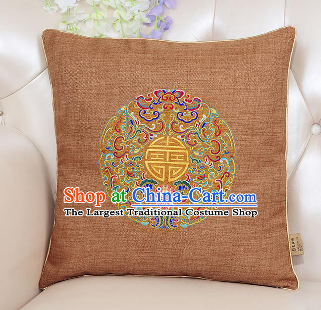Chinese Classical Household Ornament Traditional Handmade Embroidered Earthy Yellow Linen Cushion