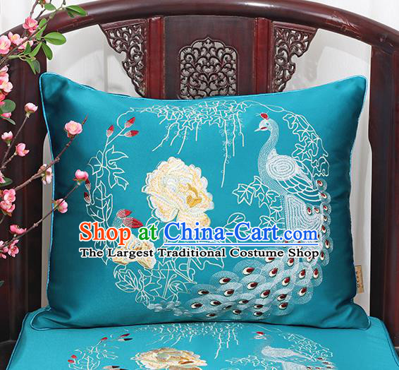 Chinese Classical Household Ornament Traditional Handmade Blue Brocade Peacock Cushion Back Cushion