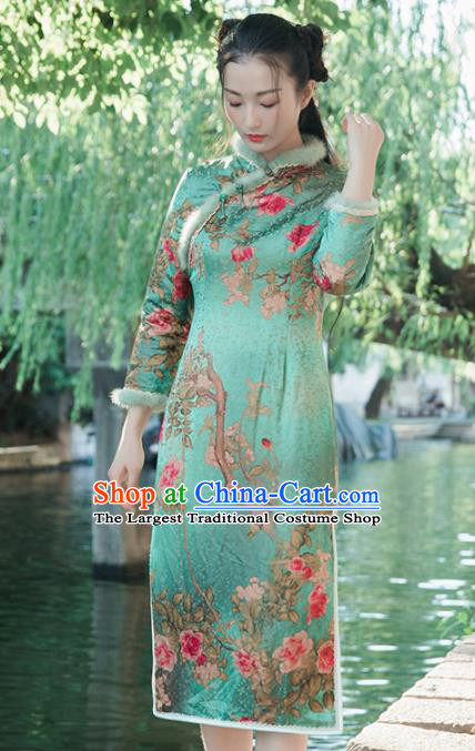 Chinese Traditional Costumes National Qipao Dress Mink Wool Green Cheongsam for Women