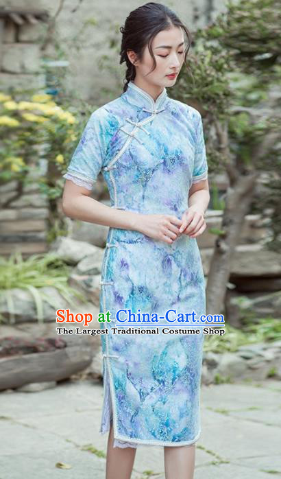 Chinese Traditional Costumes National Tang Suit Blue Qipao Dress Classical Cheongsam for Women