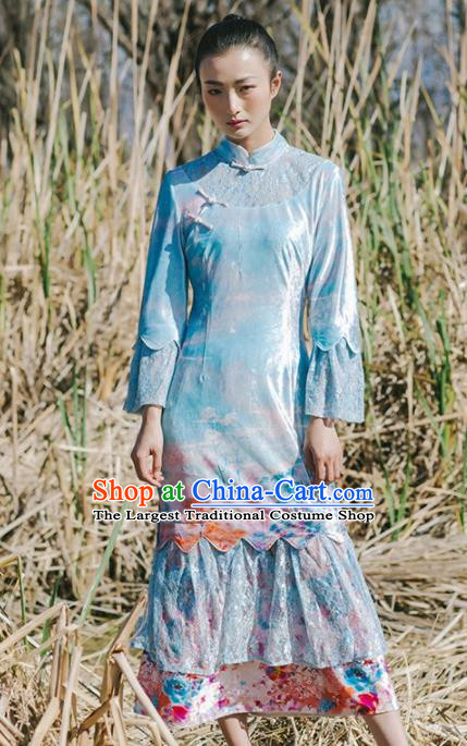 Chinese Traditional Costumes National Blue Velvet Qipao Dress Tang Suit Cheongsam for Women