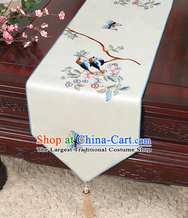 Chinese Classical Household Ornament Bird Pattern White Brocade Table Flag Traditional Handmade Table Cloth