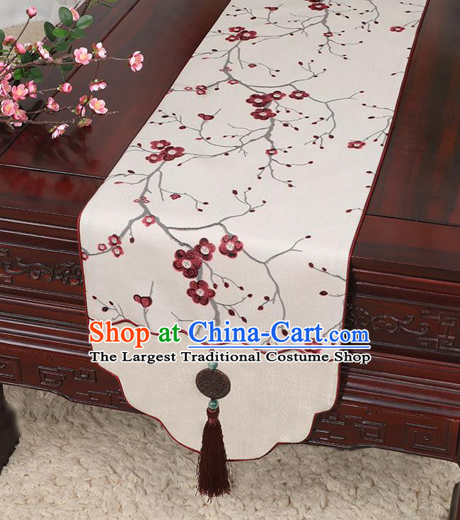 Chinese Classical Household Ornament Jade Pendant Red Plum Blossom Pattern Brocade Table Flag Traditional Handmade Table Cover Cloth