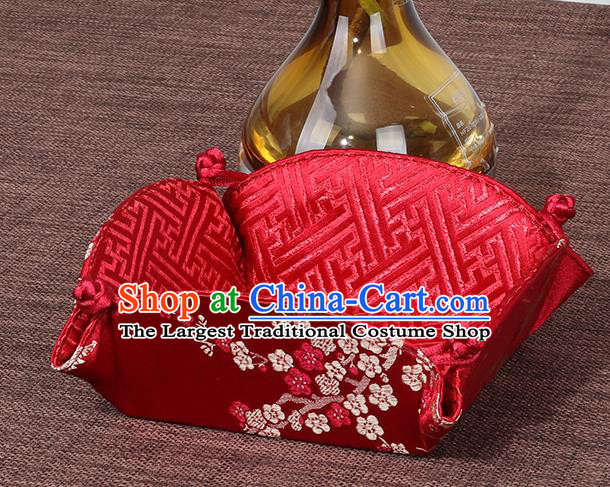 Chinese Traditional Household Accessories Classical Plum Blossom Pattern Red Brocade Storage Box Candy Tray