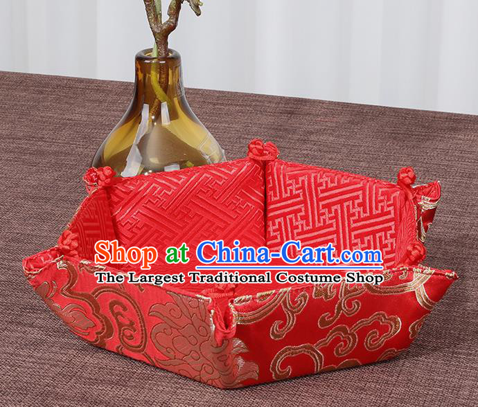 Chinese Traditional Household Accessories Classical Lotus Pattern Red Brocade Storage Box Candy Tray