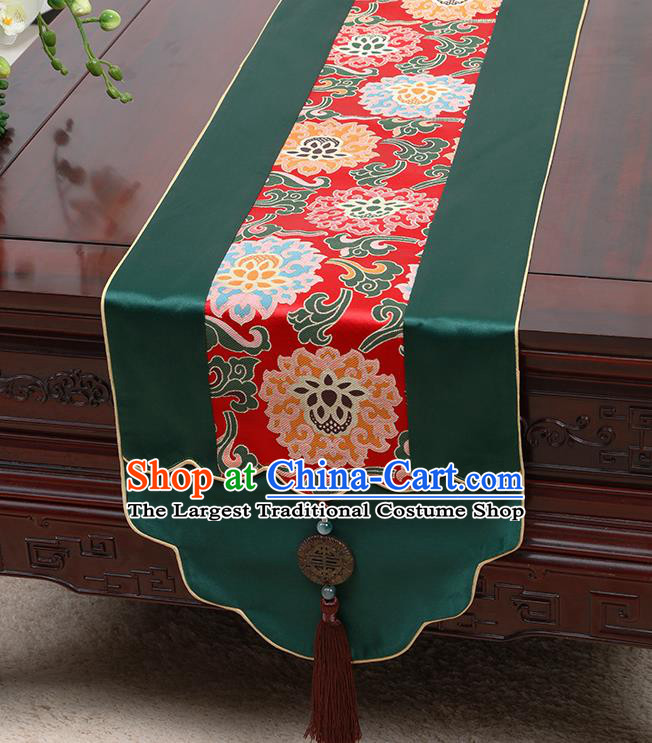 Chinese Traditional Green Brocade Table Cloth Classical Lotus Pattern Household Ornament Table Flag