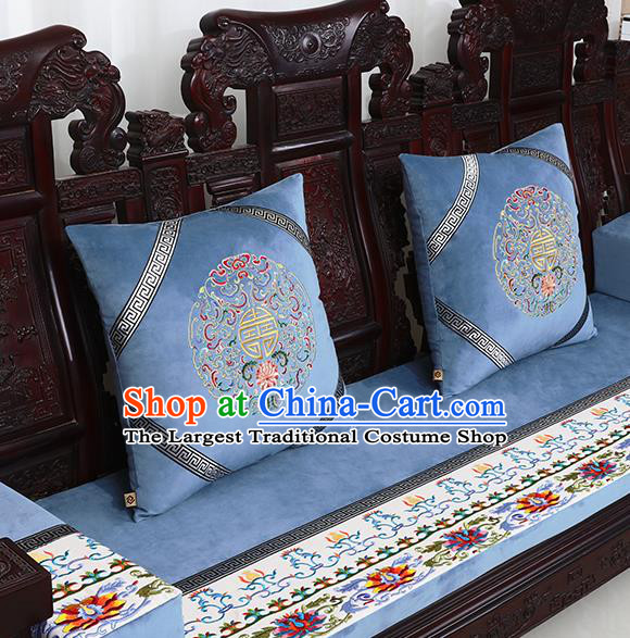Chinese Traditional Embroidered Lotus Blue Brocade Back Cushion Cover Classical Household Ornament