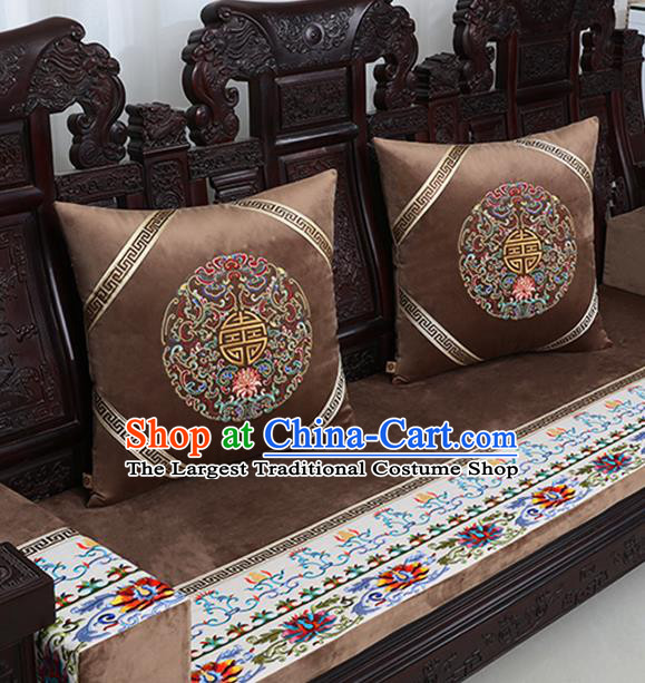 Chinese Traditional Embroidered Lotus Brown Brocade Back Cushion Cover Classical Household Ornament
