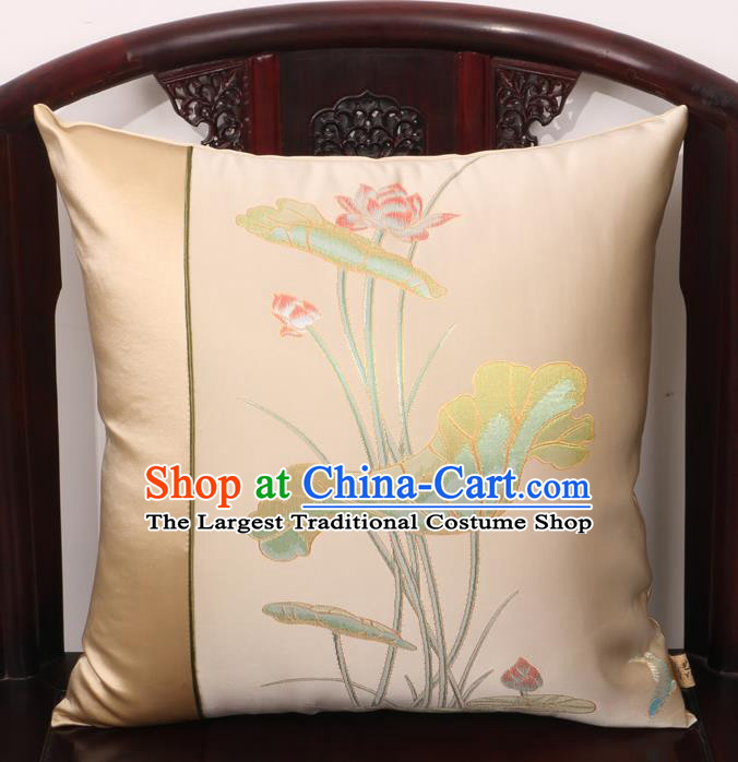 Chinese Traditional Lotus Pattern Beige Brocade Back Cushion Cover Classical Household Ornament