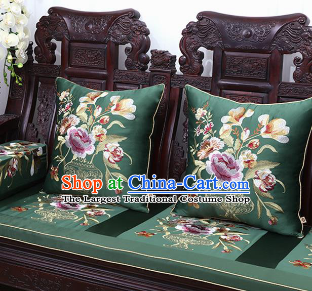 Chinese Traditional Embroidered Peony Green Brocade Back Cushion Cover Classical Household Ornament