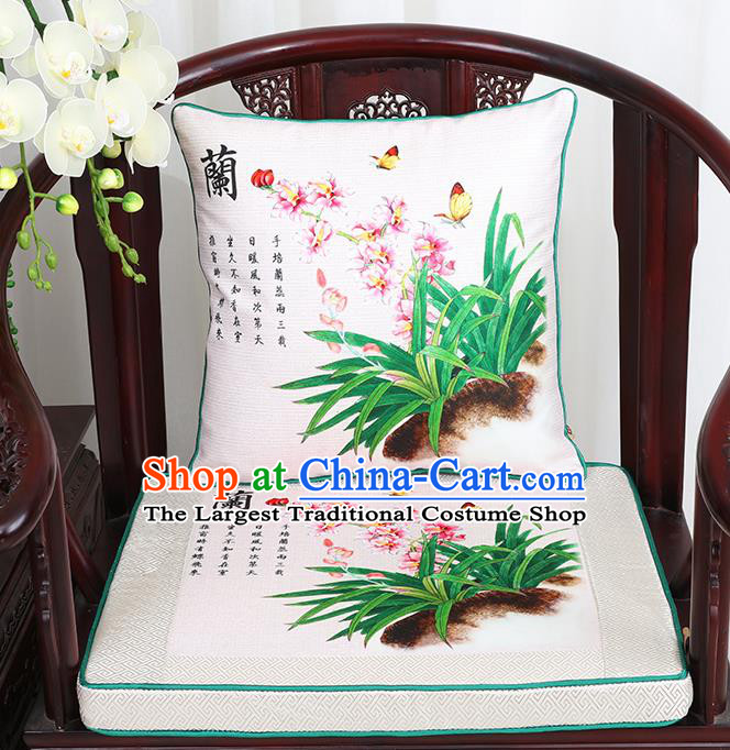 Chinese Classical Household Ornament Traditional Orchid Pattern White Brocade Cushion Cover and Armchair Mat Cover