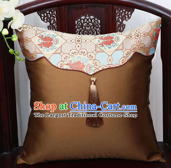 Chinese Traditional Brown Brocade Back Cushion Cover Classical Household Ornament