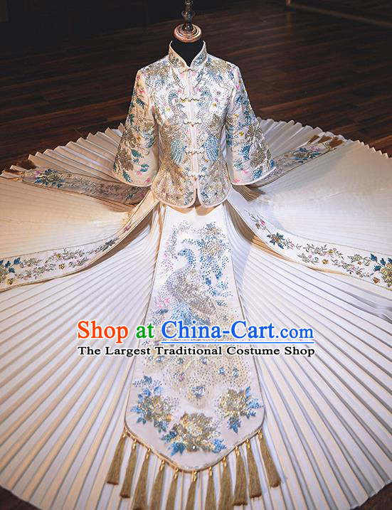 Chinese Traditional Wedding Costumes Bride Toast White Xiuhe Suits Ancient Embroidered Full Dress for Women
