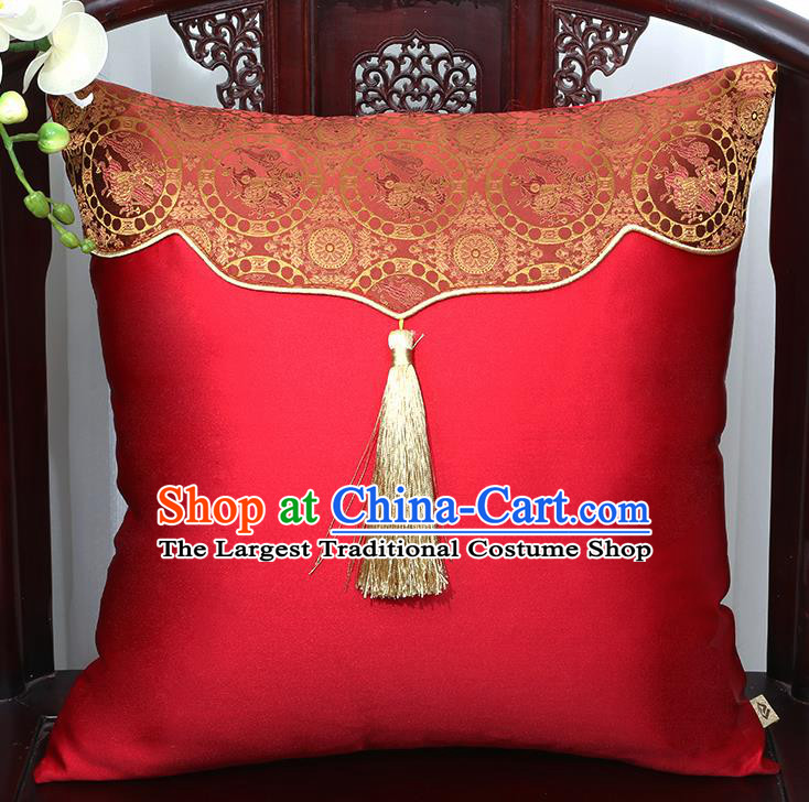 Chinese Traditional Pattern Red Brocade Tassel Back Cushion Cover Classical Household Ornament