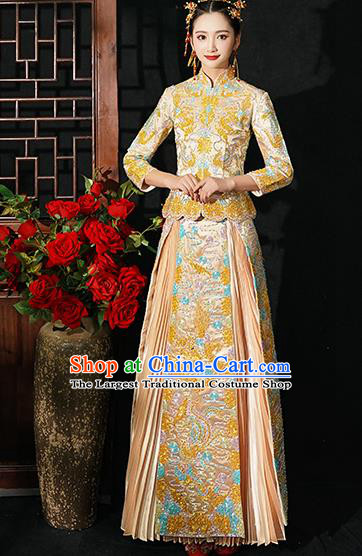 Chinese Traditional Wedding Costumes Bride Toast Golden Xiuhe Suits Ancient Embroidered Full Dress for Women
