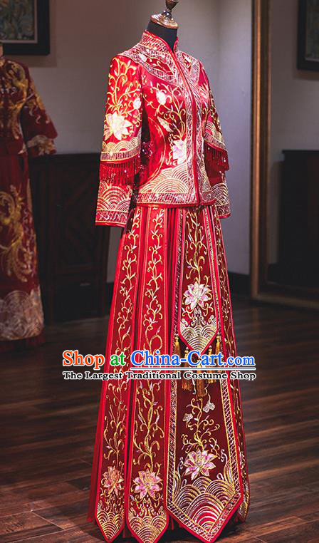 Chinese Traditional Wedding Costumes Embroidered Peony Red Xiuhe Suits Ancient Bride Toast Full Dress for Women