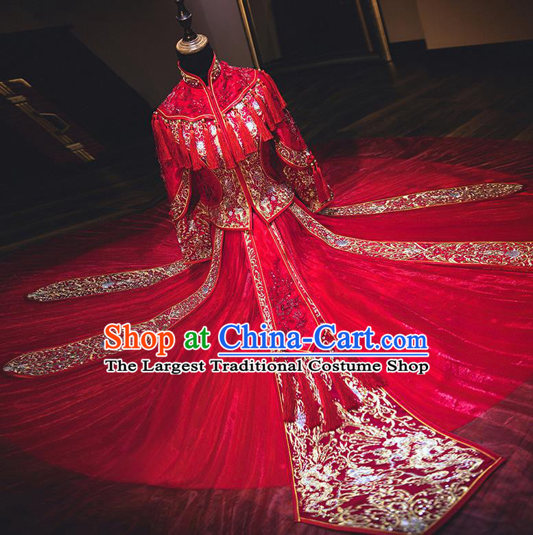 Chinese Traditional Embroidered Red Xiuhe Suits Ancient Bride Toast Wedding Costumes for Women