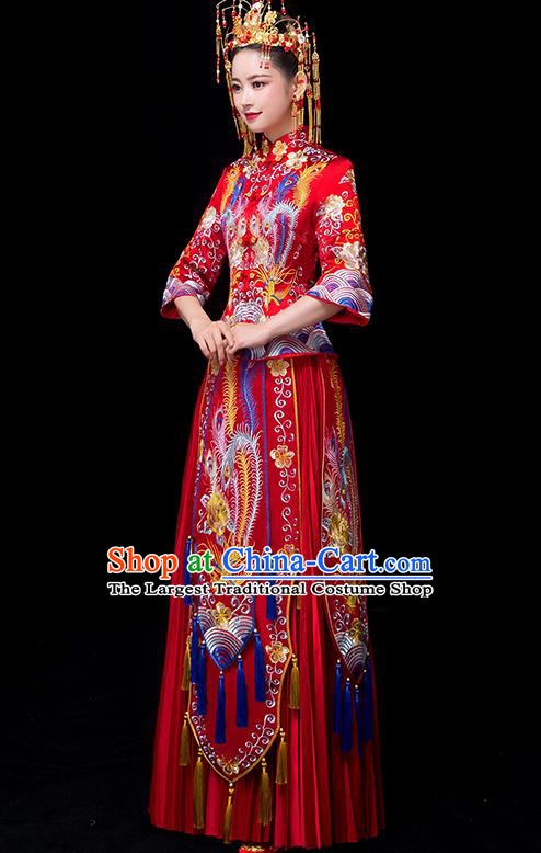 Chinese Traditional Bride Xiuhe Suits Ancient Handmade Embroidered Phoenix Red Wedding Costumes for Women