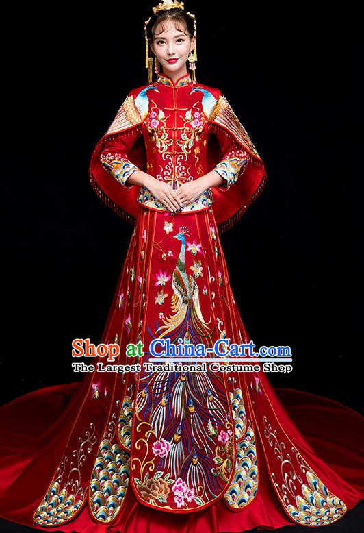 Chinese Traditional Bride Trailing Xiuhe Suits Ancient Handmade Embroidered Phoenix Red Wedding Costumes for Women