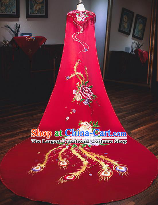 Chinese Traditional Bride Cloak Ancient Handmade Embroidered Phoenix Red Wedding Costumes for Women