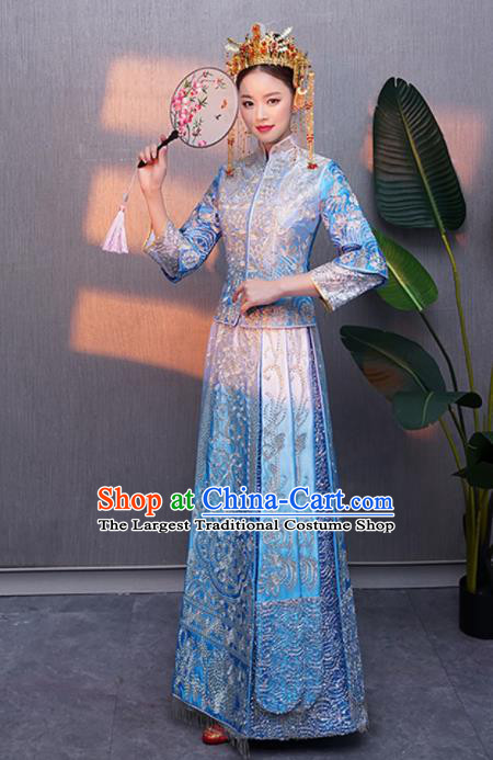 Chinese Traditional Bride Embroidered Blue Xiuhe Suits Ancient Handmade Wedding Costumes for Women