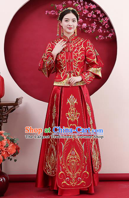 Chinese Traditional Bride Diamante Red Xiuhe Suits Ancient Handmade Wedding Costumes for Women