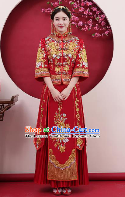 Chinese Traditional Bride Rhinestone Red Xiuhe Suits Ancient Handmade Wedding Costumes for Women