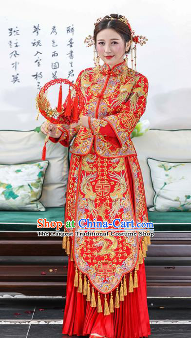 Chinese Traditional Bride Embroidered Dragon Phoenix Xiuhe Suits Ancient Handmade Red Wedding Dresses for Women
