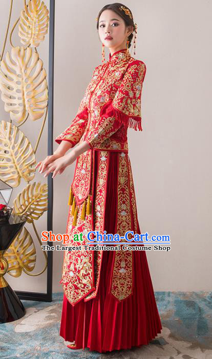 Chinese Traditional Bride Embroidered Slim Xiuhe Suits Ancient Handmade Red Wedding Dresses for Women