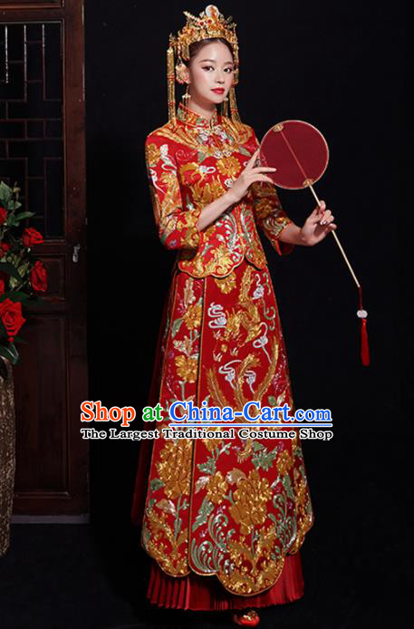 Chinese Traditional Bride Embroidered Peony Tang Suit Xiuhe Suits Ancient Handmade Red Wedding Costumes for Women