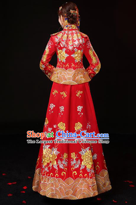 Chinese Traditional Embroidered Peony Cheongsam Ancient Bride Handmade Xiuhe Suits Wedding Dress for Women
