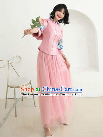 Chinese Traditional Embroidered Wedding Dress Cheongsam Ancient Bride Handmade Pink Xiuhe Suits Costumes for Women