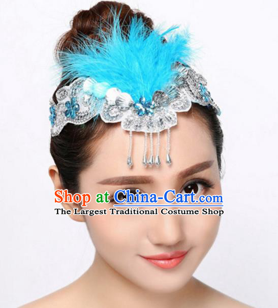 Chinese Traditional Folk Dance Hair Accessories Classical Dance Blue Feather Hair Clasp for Women