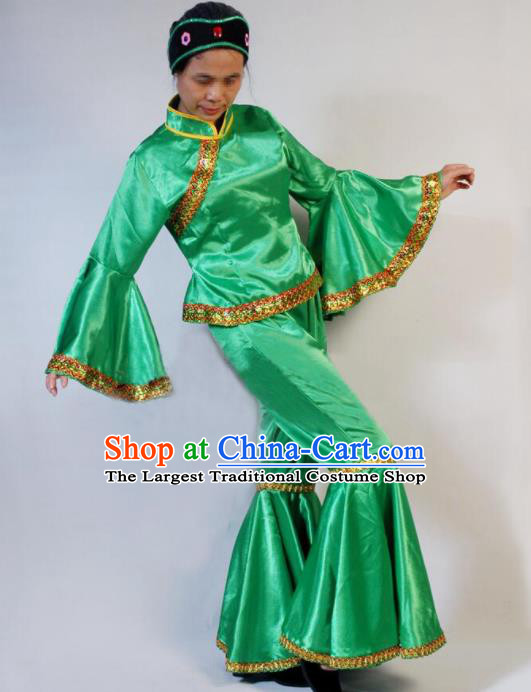 Chinese Traditional Folk Dance Costumes Yanko Dance Fan Dance Green Clothing for Women