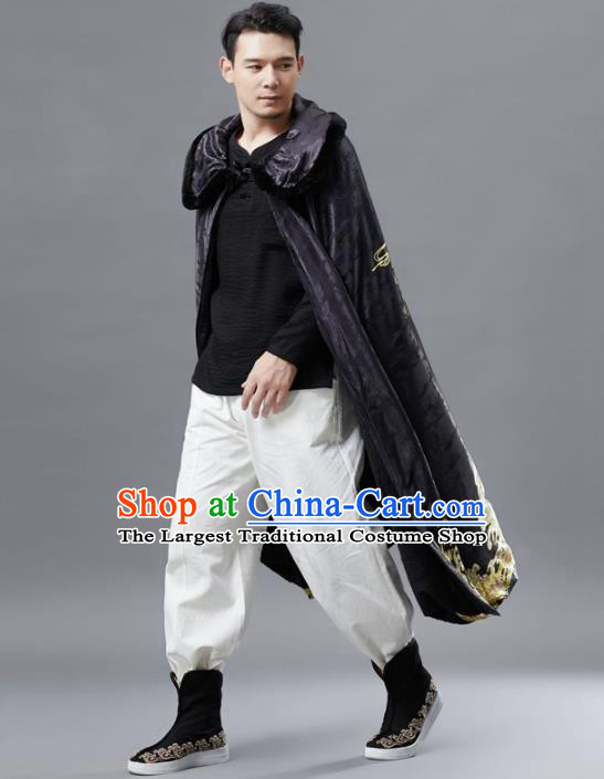 Chinese Traditional Costume Tang Suits Cloak National Black Cape for Men